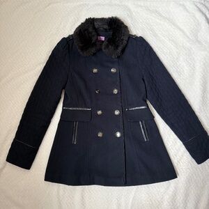 F&F Girls Navy Winter Coat 11/12 YRS, EUC, Faux Fur Collar, Double Breasted
